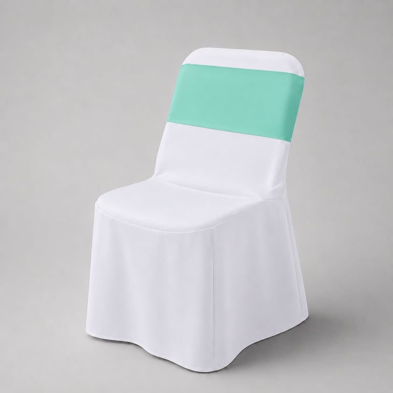 White folding chair with turquoise and white decorative sash accent on the back