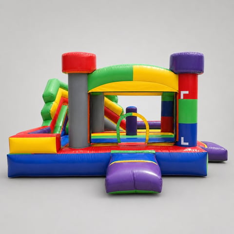 Colorful inflatable bounce house with multiple slides, tunnels, and climbing structures in bright red, yellow, blue, green, and purple