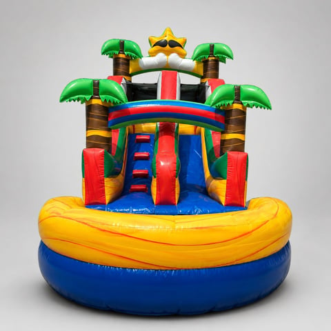 Colorful inflatable bounce house with palm tree toppers, slide features, and yellow and blue base rings