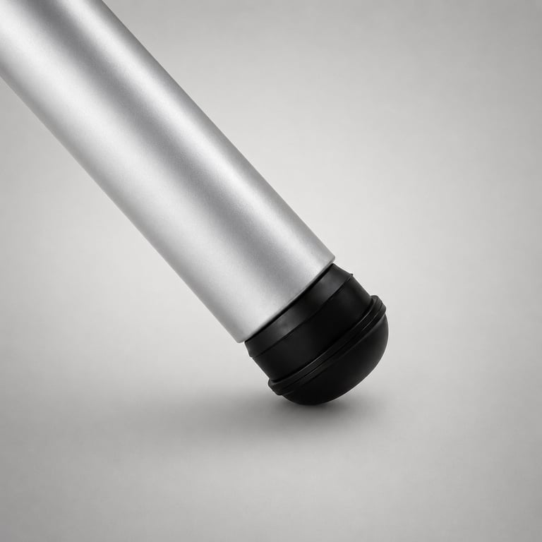 Close-up of a silver stylus pen with black rubber tip against a light gray background