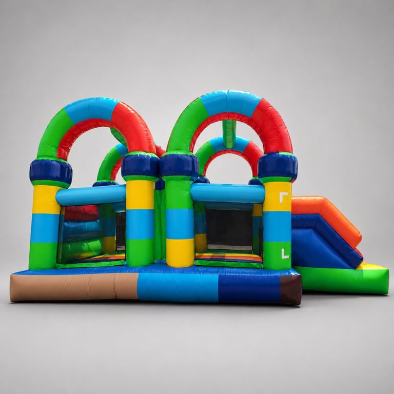 Colorful inflatable bounce house with rainbow arches, multiple play areas, slides, and bright primary color segments