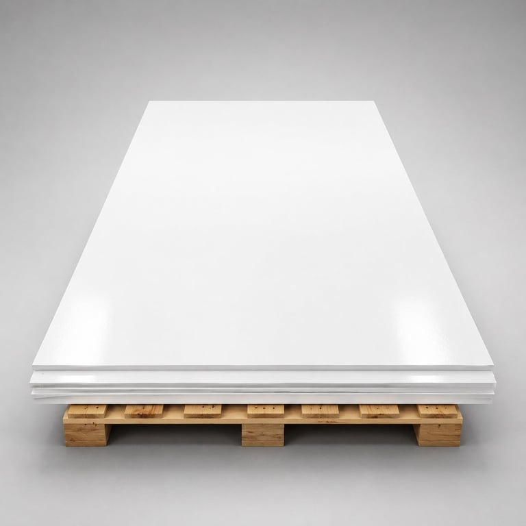 White trapezoid platform with metal trim sitting on wooden pallet blocks against gray background