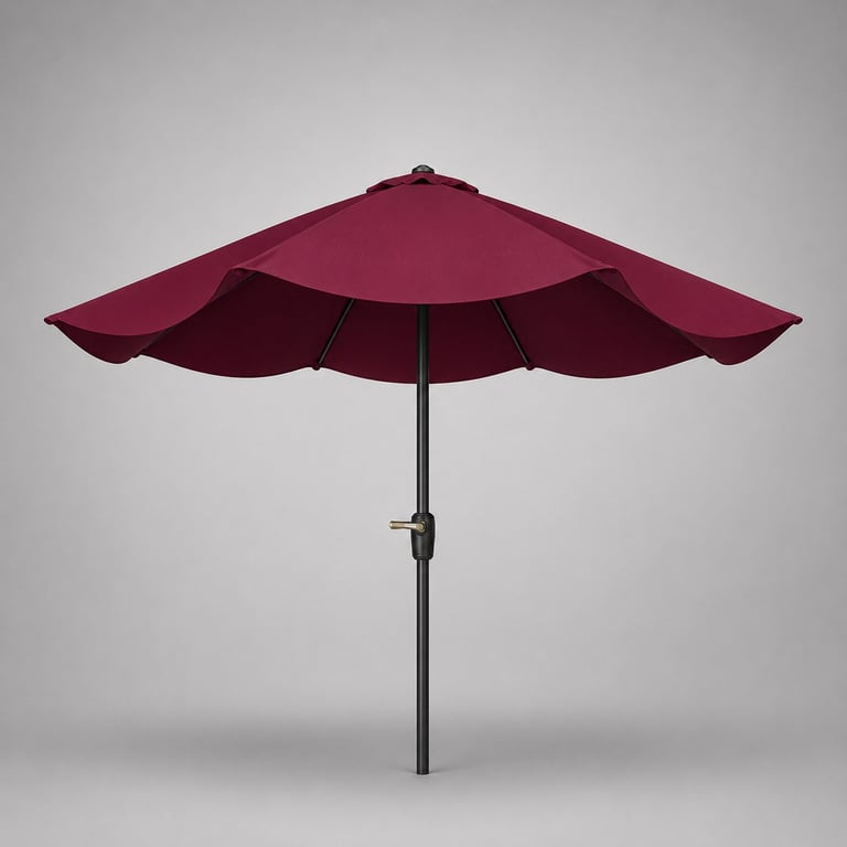 Burgundy patio umbrella with scalloped canopy and gray pole on neutral background
