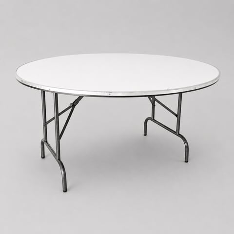 Round white folding table with collapsible metal frame on neutral gray background