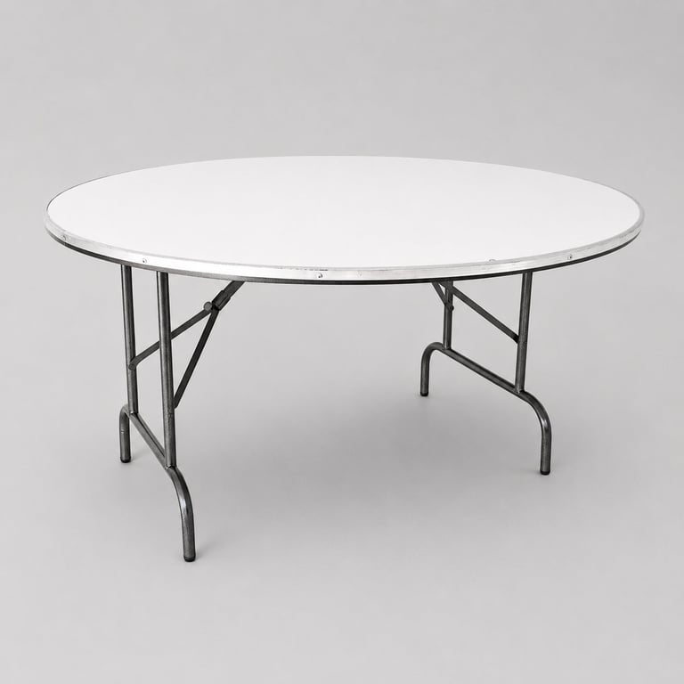 Round white folding table with collapsible metal frame on neutral gray background