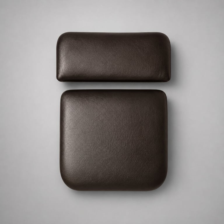 Two stacked dark brown leather cushions with rounded corners on a light gray background