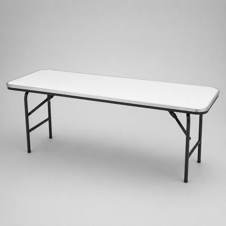 White rectangular folding table with black metal frame and collapsible legs