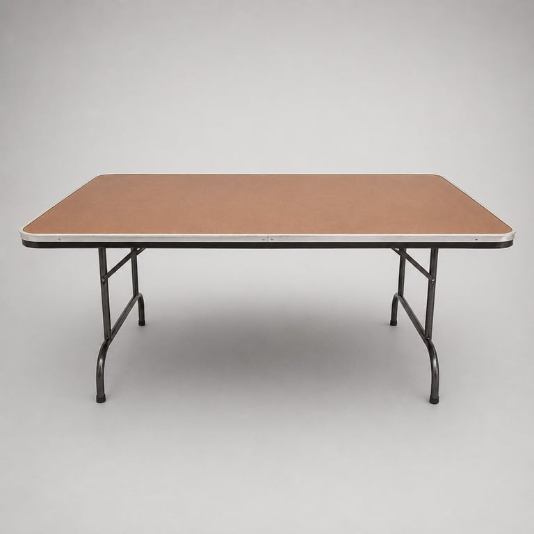 Rectangular folding table with wood top and dark metal legs on gray background