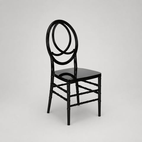 Black modern chair with oval loop backrest and sleek seat design on white background