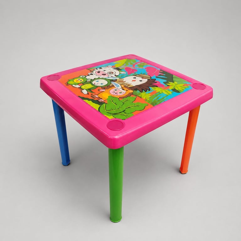 Colorful childrens activity table with pink top, bright colored legs, and animal puzzle design