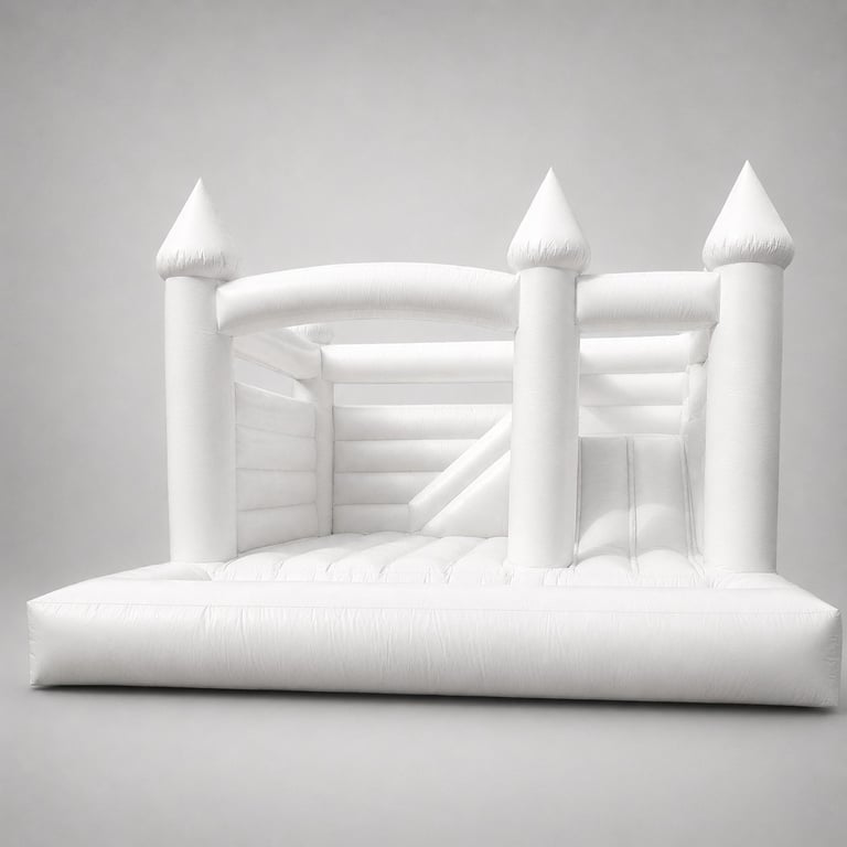 White inflatable bounce house with four turrets and entrance slide on neutral background
