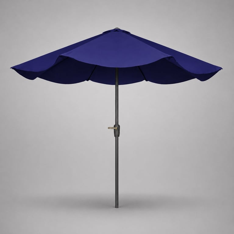 Blue scalloped patio umbrella with gray pole centered against neutral gray background