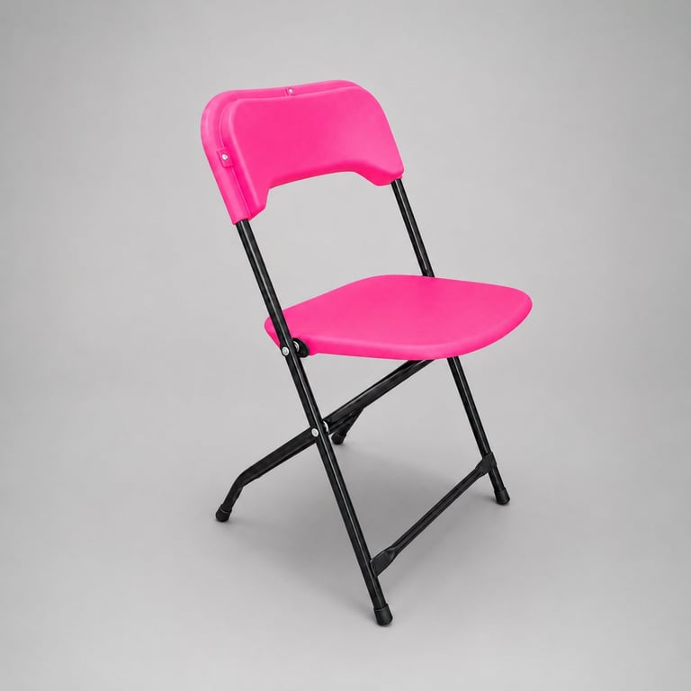 Bright pink folding chair with black metal frame on gray background