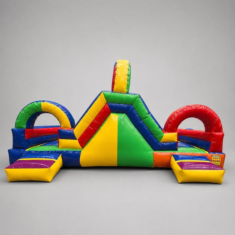 Colorful inflatable bounce house with multiple arches, slides, and climbing features in yellow, green, blue, and red