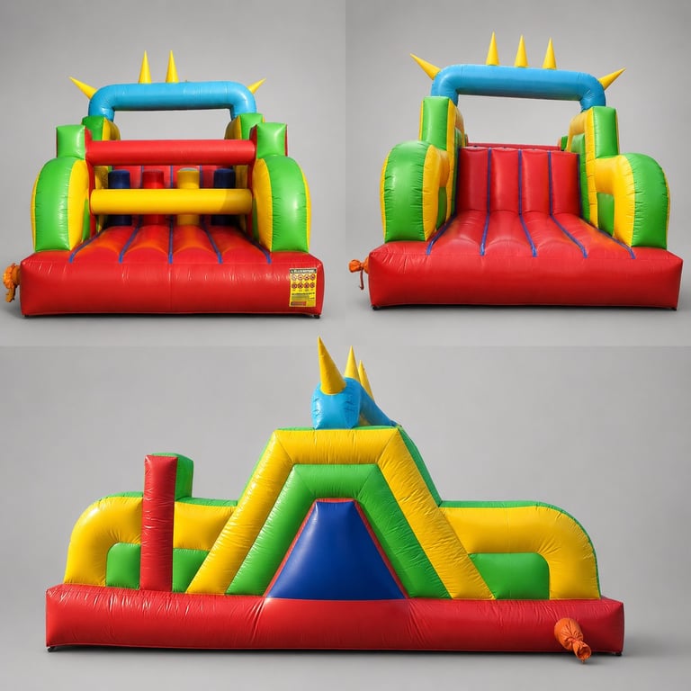 Three colorful inflatable bounce houses with yellow spikes, featuring blue tops, green sides, and red bases against a gray background