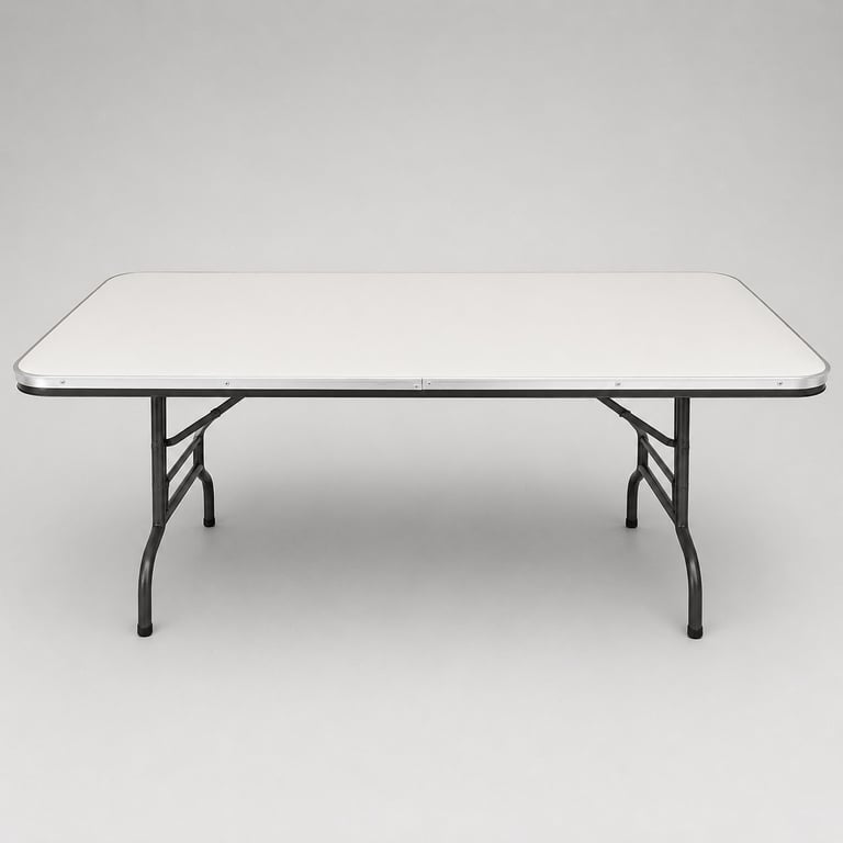 White rectangular folding table with dark metal legs and frame on gray background