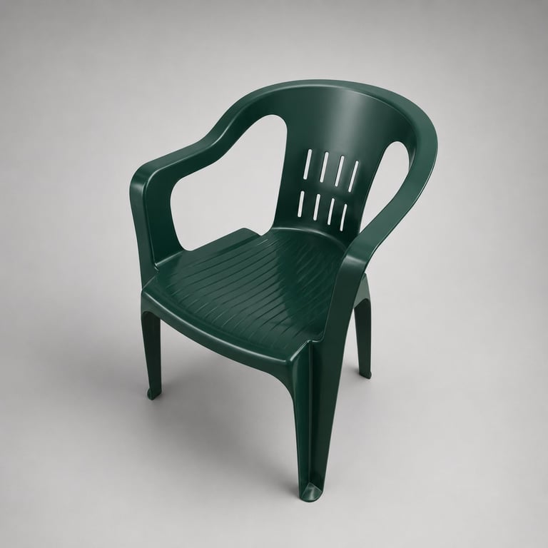 Dark green plastic outdoor chair with armrests and slotted backrest, viewed from above on a gray background.