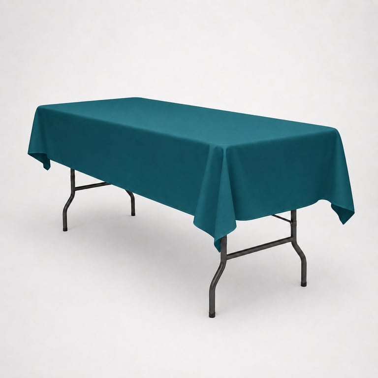 Rectangular folding table with dark teal tablecloth draped over it against a white background