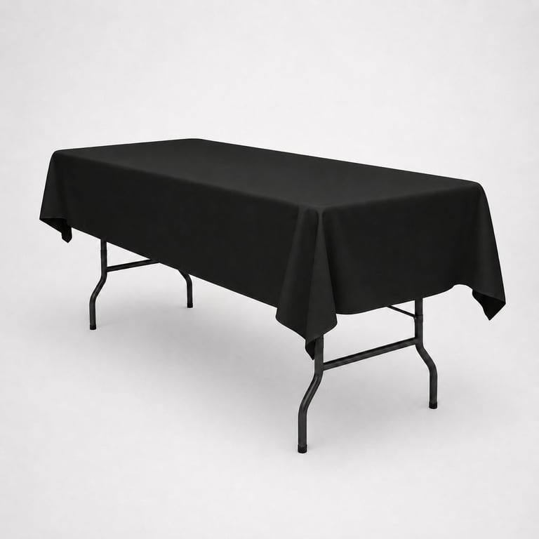 Black rectangular tablecloth draped over a folding table with metal legs on a gray background