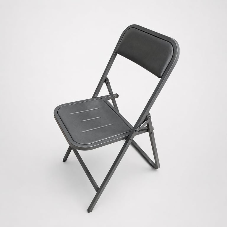 Dark gray folding chair with padded seat and backrest, shown from an angled view against a white background
