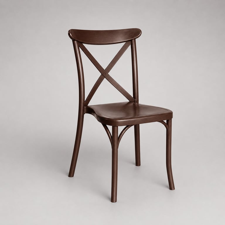 Dark brown wooden chair with X-back design and curved top rail, shown against a gray background