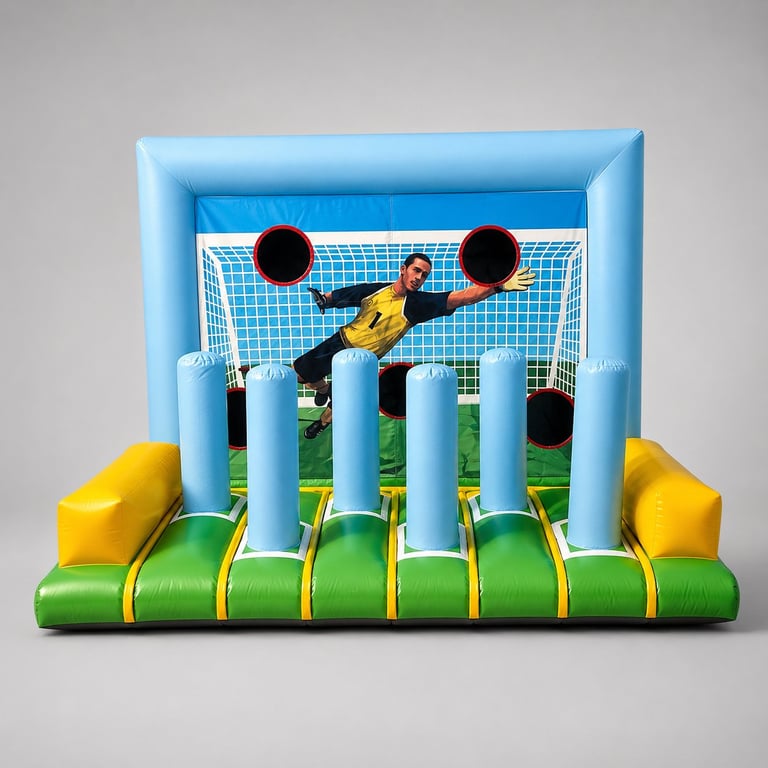 Blue and yellow inflatable soccer bounce house with white goal posts and decorative soccer ball graphics on gray background