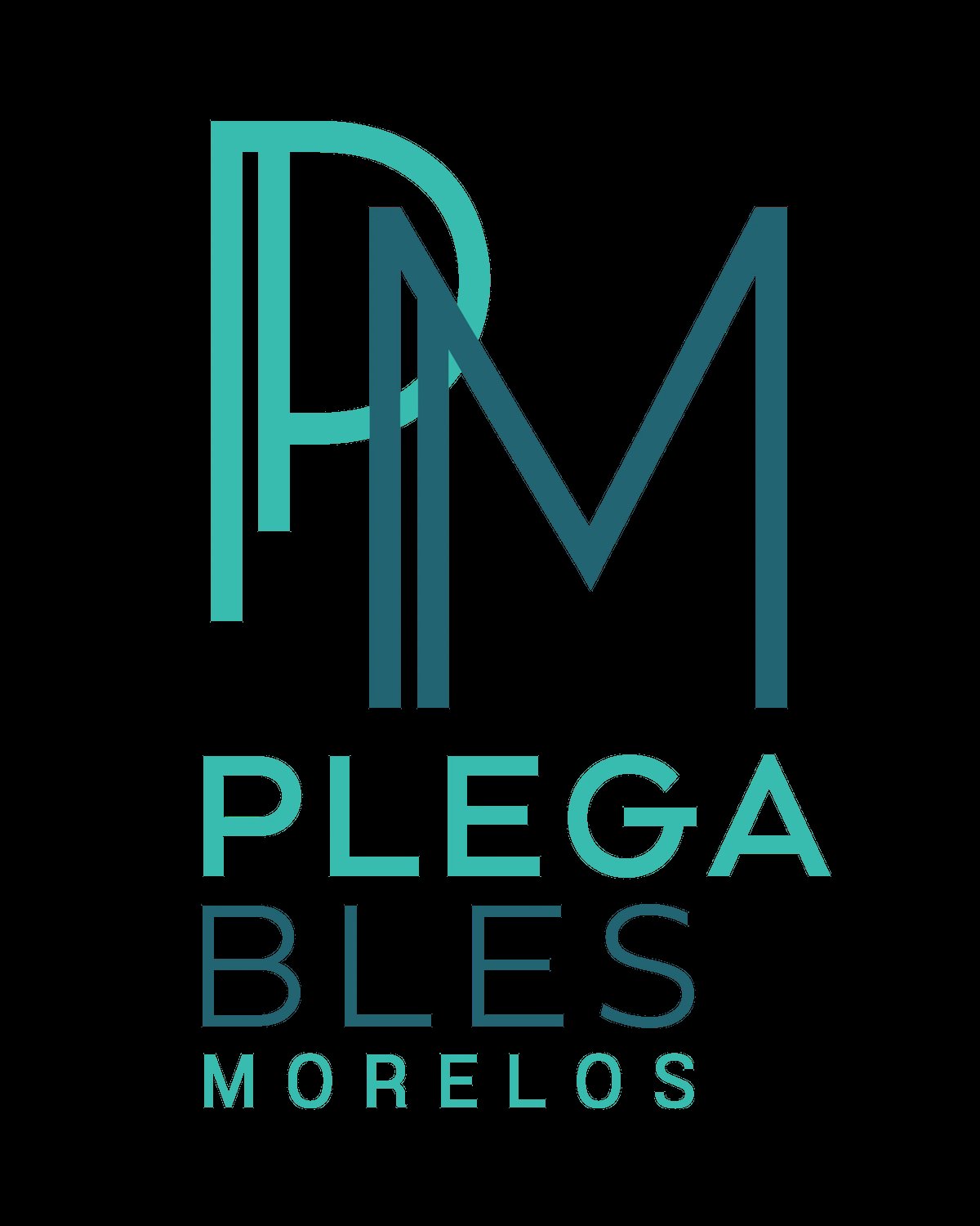 Plegables Morelos logo with turquoise letters and geometric design on black background