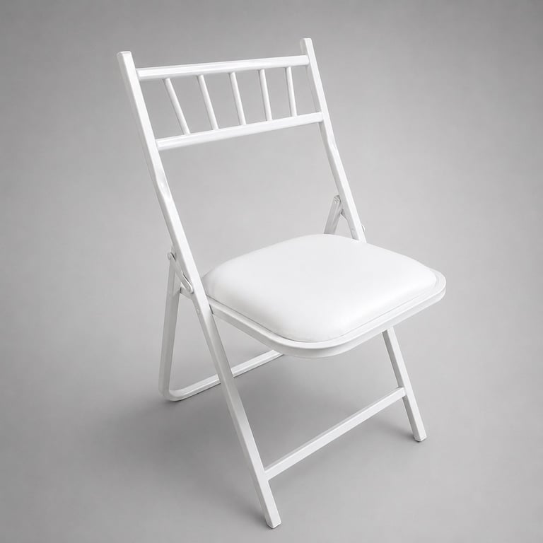 White foldable plastic chair with cushioned seat, shown from a three-quarter view against a gray background