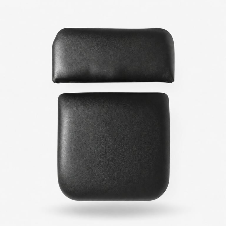 Two black leather cushioned pads stacked vertically against a light gray background