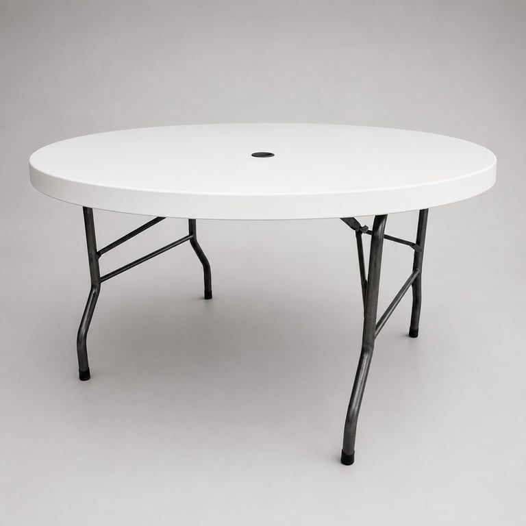White round folding table with gray metal legs and braces on neutral background