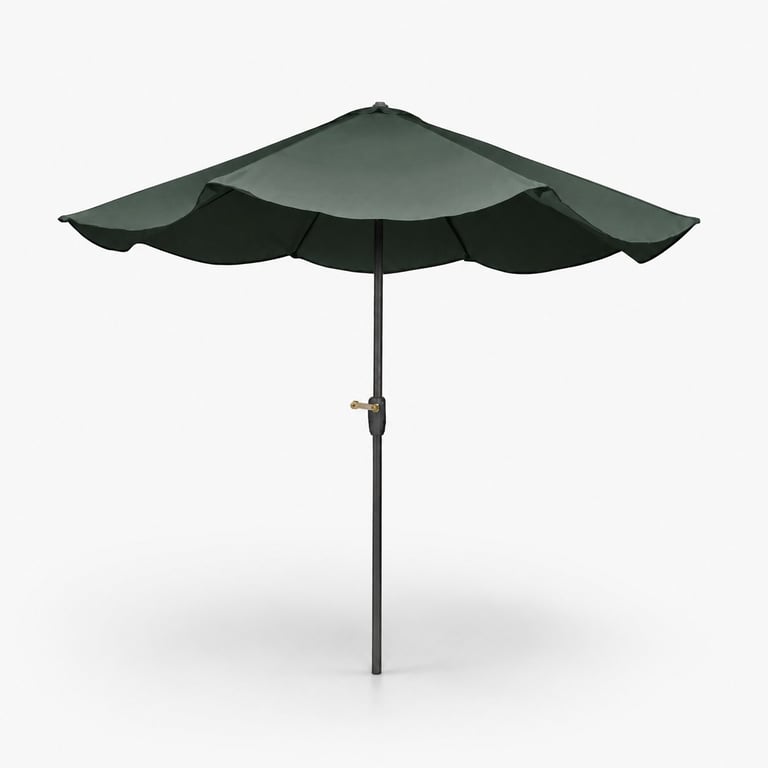 Dark green patio umbrella with scalloped canopy and gray pole against white background