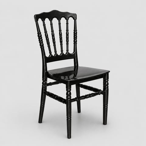 Black wooden chair with decorative spindle backrest and solid seat, shown against neutral background