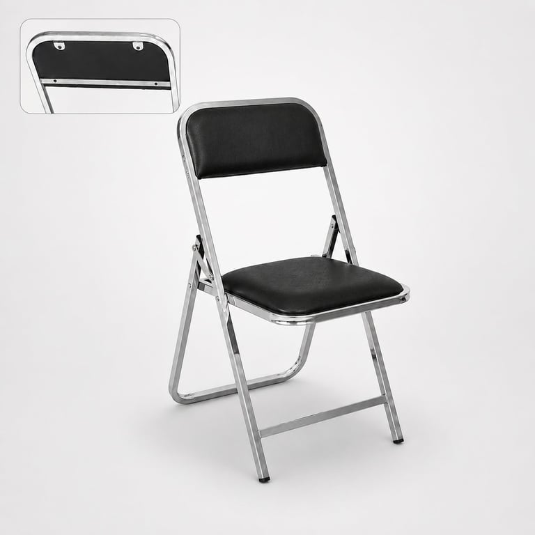 Black padded folding chair with silver metal frame shown open and closed views