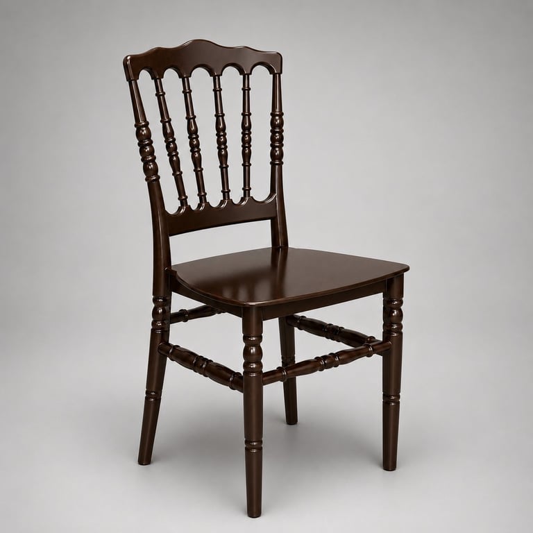 Dark brown wooden Chiavari-style chair with spindle back and turned legs on neutral background
