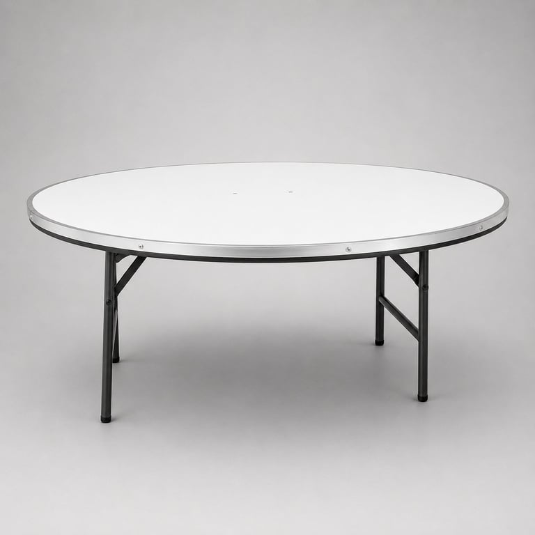 Large round white folding table with metal gray frame and collapsible legs on light background