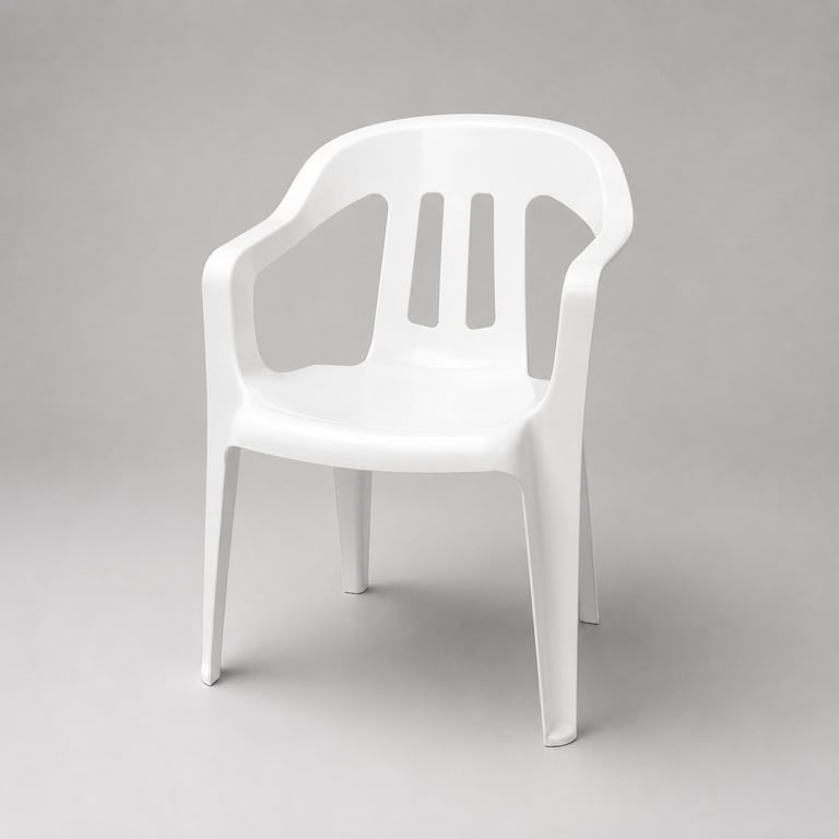 White molded plastic armchair with curved backrest, vertical slat details, and four legs on neutral background