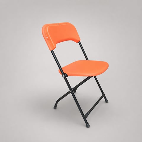 Bright orange folding chair with dark gray metal frame, shown at an angle against a light gray background