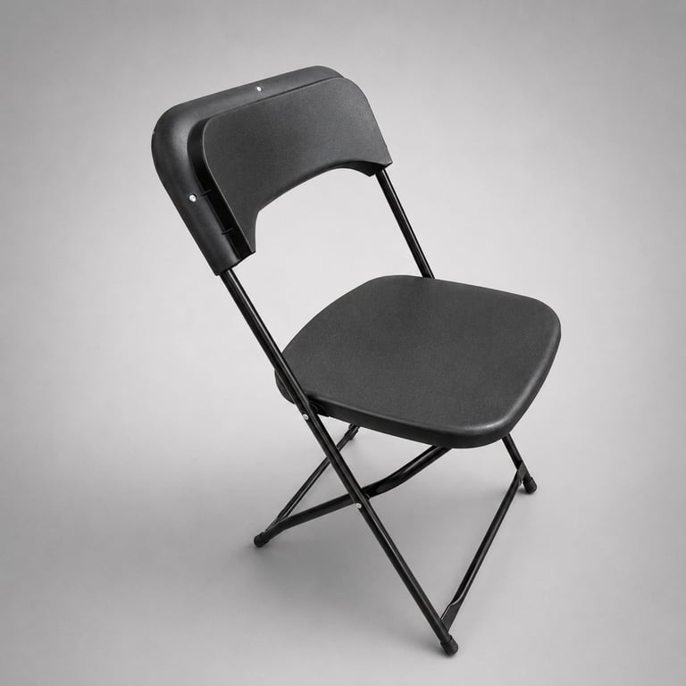 Black folding chair with padded seat and backrest against white background