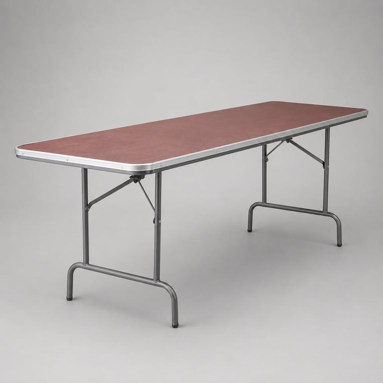Rectangular folding table with red laminate top and metal frame legs against a gray background