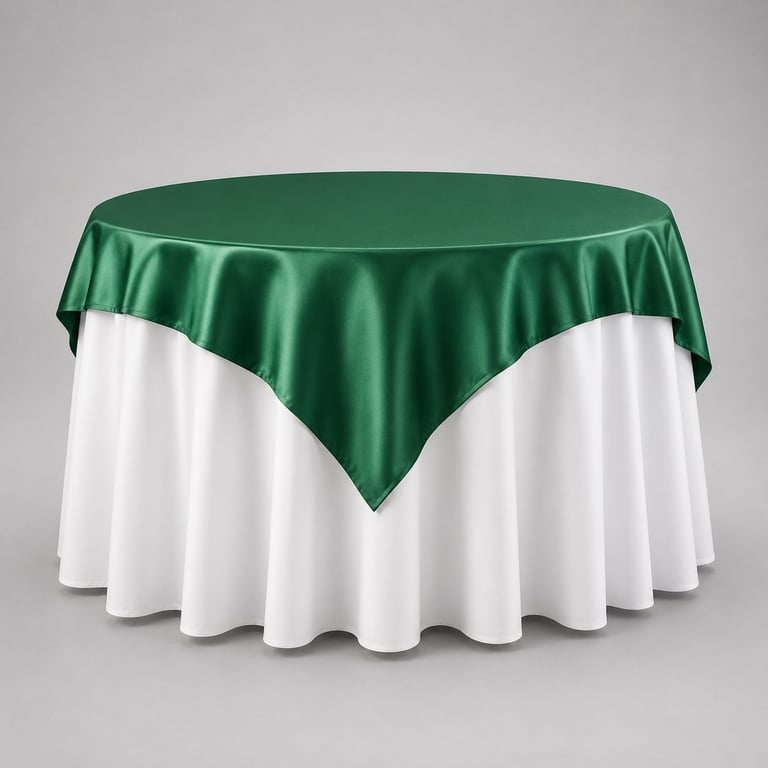 Round table with white floor-length tablecloth and dark green overlay drape