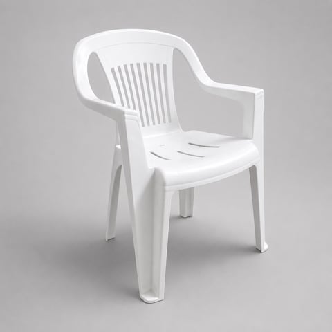White plastic outdoor chair with curved armrests and vertical slat backrest design
