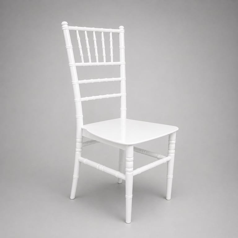 White wooden chair with vertical slat backrest and square seat, shown from a front-angled view against a gray background