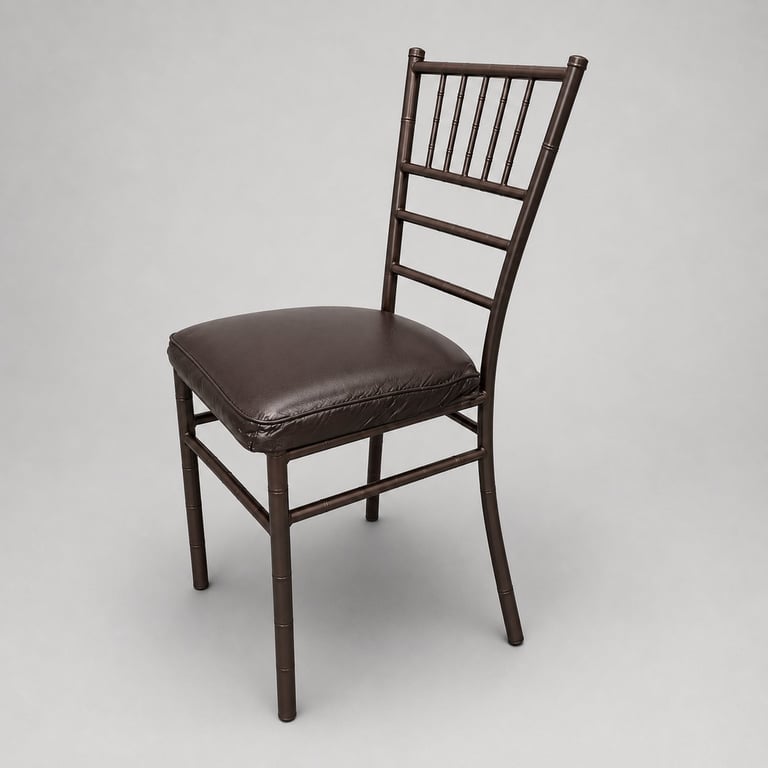 Dark brown metal chair with vertical slat backrest and padded gray cushioned seat on white background