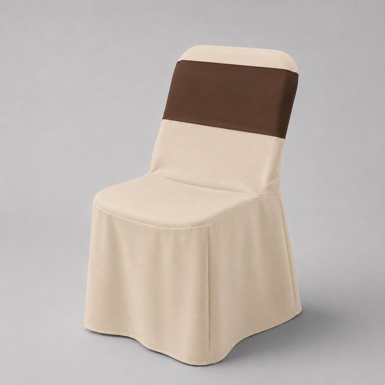 Beige chair with brown sash band draped over back against gray background