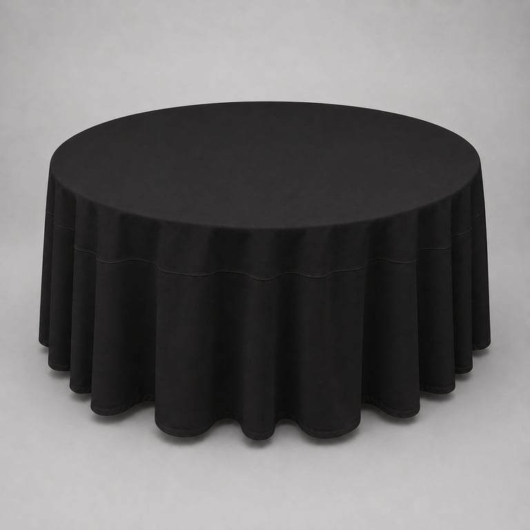 Black round table with draped tablecloth against white background