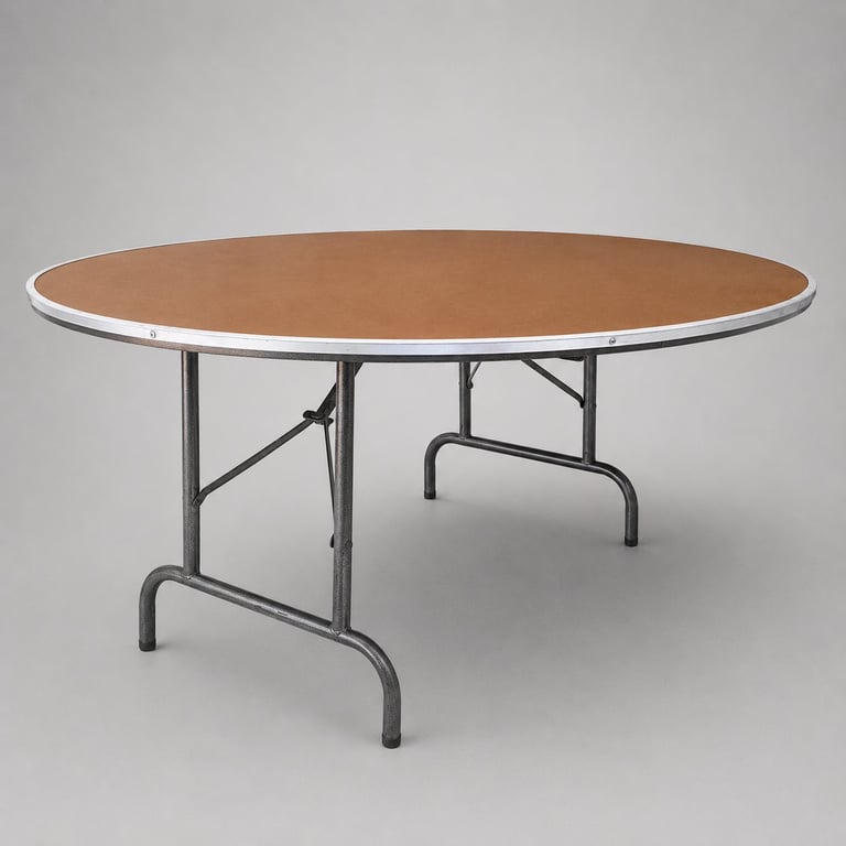 Round folding table with brown wood surface and gray metal collapsible legs