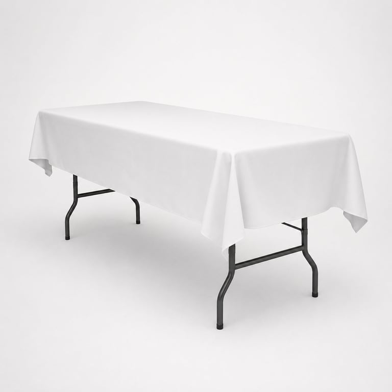 Rectangular table with white tablecloth and black folding legs, displaying how to drape table linens