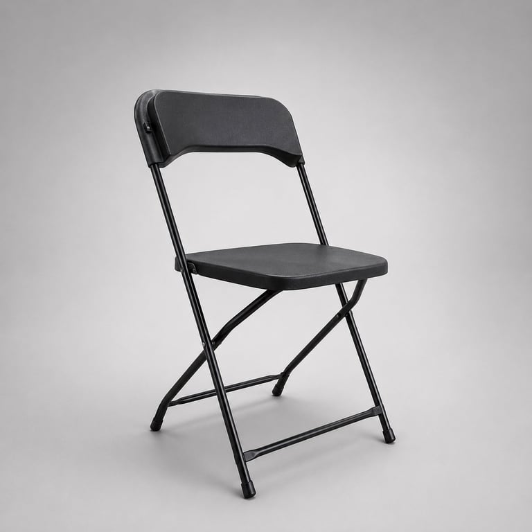 Black plastic folding chair with metal frame on gray background, front view