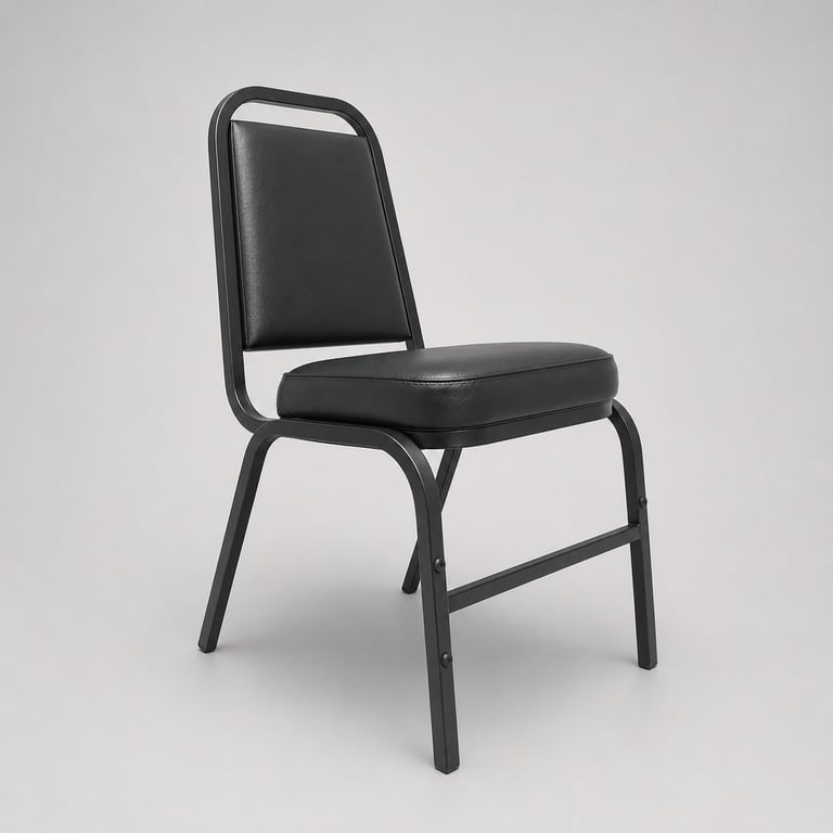 Black metal stacking chair with padded seat and backrest on white background