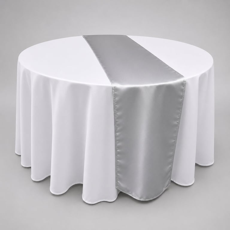 Round table with white flowing tablecloth and gray satin runner accent